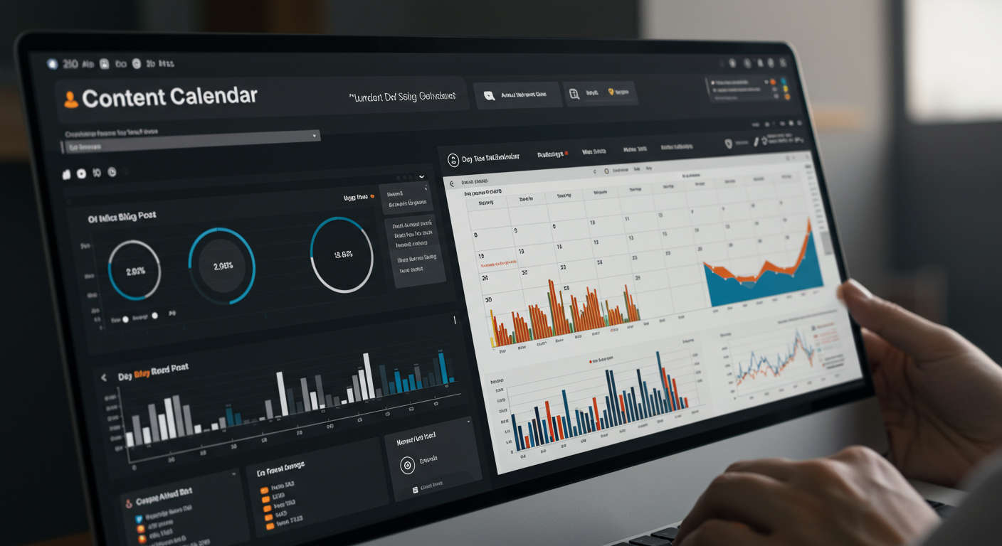 Dashboard view of an AI content calendar showing daily scheduled SEO blog posts with graphs and keyword analysis, highlighting automation and data-driven content planning