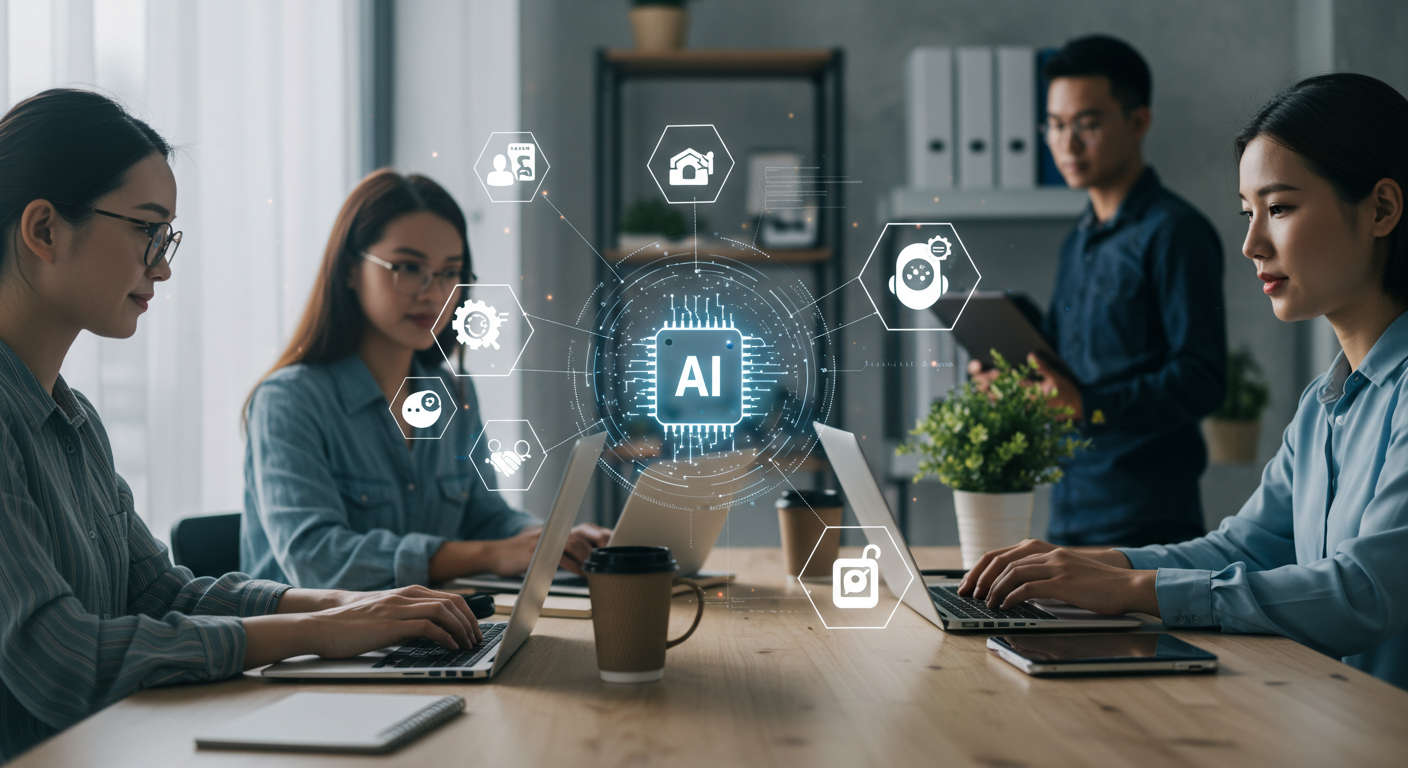 Modern small business office with diverse team using AI technology and virtual assistants for sales funnel automation