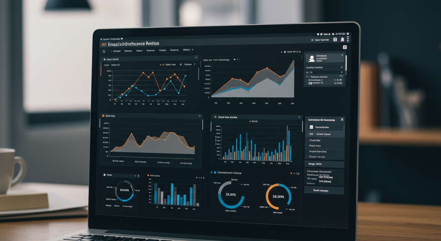 Dashboard view of AI email marketing performance metrics for a small business, showing open rates, click rates, and conversion rates on a computer screen