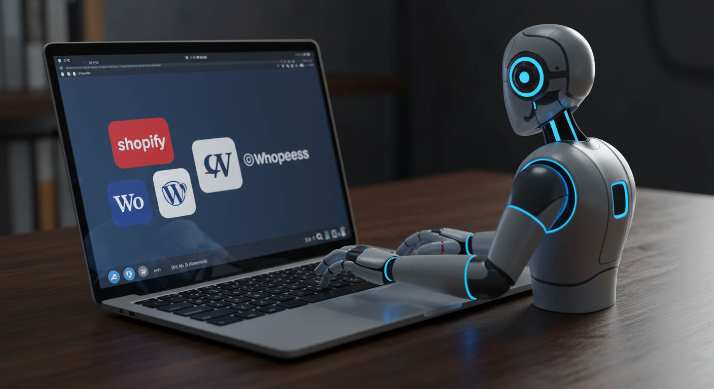 AI virtual employee working autonomously on a laptop with Shopify and WordPress logos, symbolising 24/7 e-commerce task automation