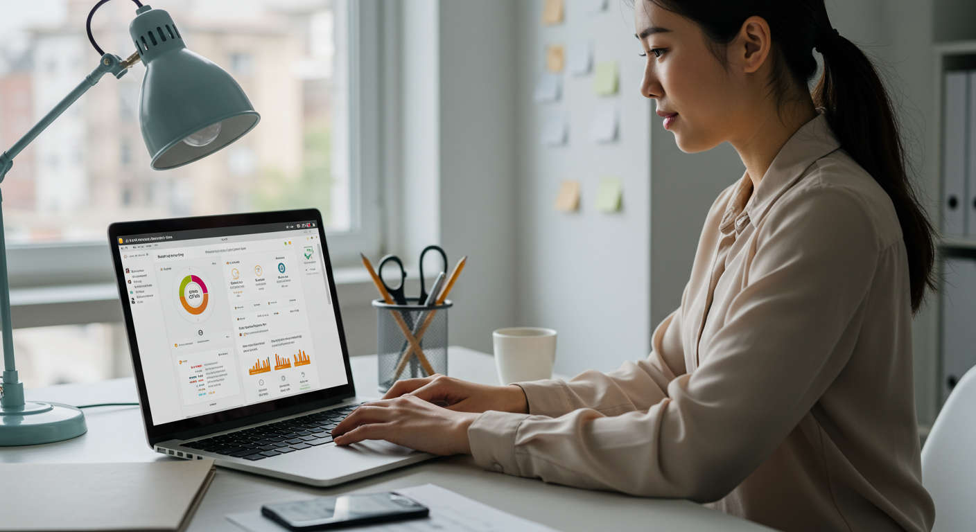 Small business owner managing Shopify inventory with AI automation on laptop, showing stock levels and real-time updates, modern office setting
