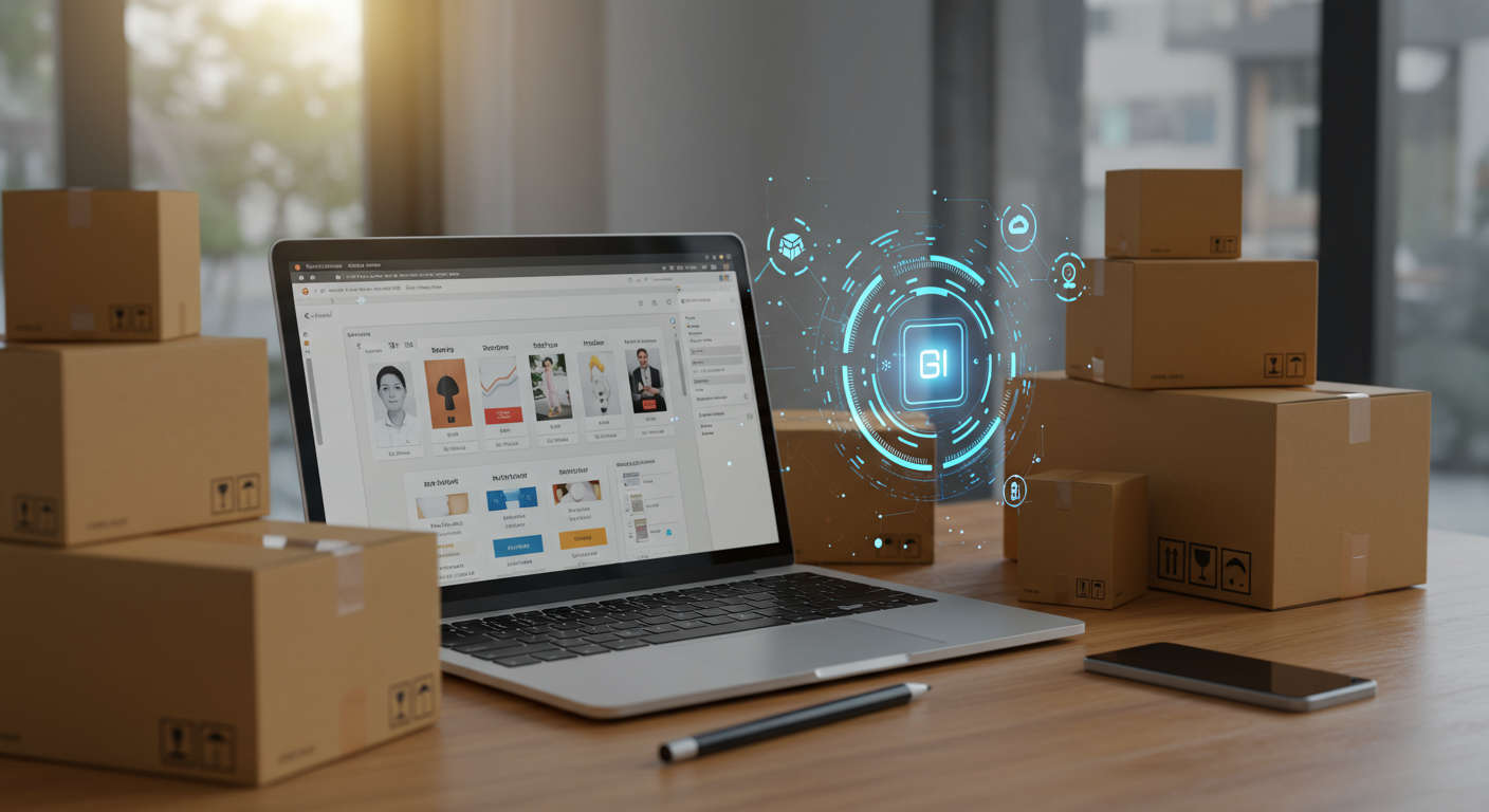 Modern ecommerce workspace with Shopify dashboard, AI virtual assistant hologram, inventory boxes and order packages symbolising automation and efficiency for SMBs and startups