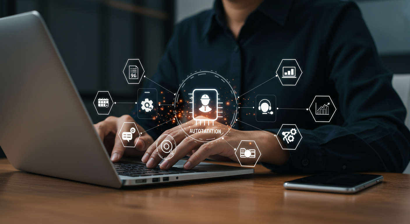 Small business owner using AI virtual assistant for automating tasks like invoicing, scheduling, CRM updates, and customer support in a modern office setting