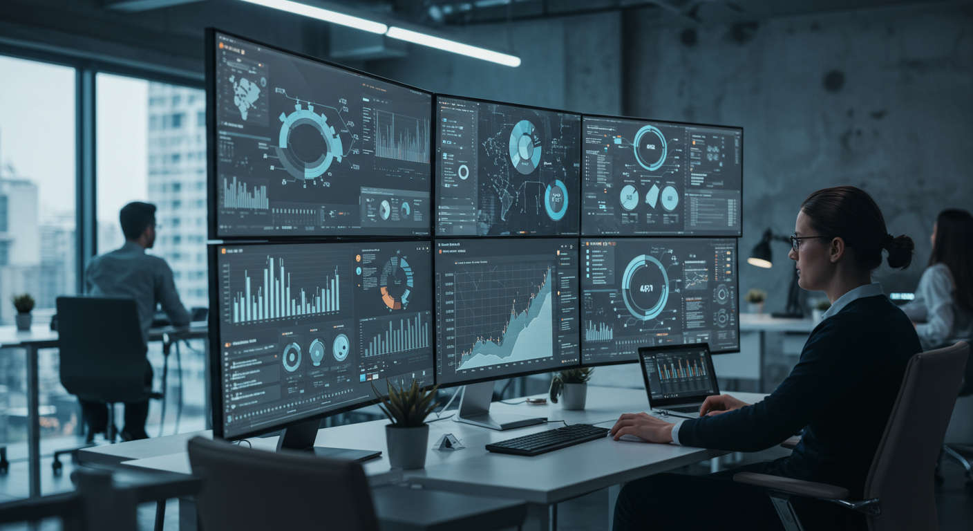 Modern digital workspace with AI technology analysing competitor data and keywords on multiple screens, representing AI competitor analysis and keyword discovery for SMBs