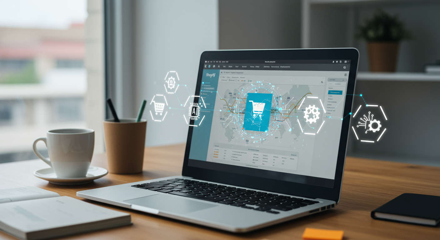 Modern e-commerce workspace with laptop displaying Shopify dashboard and AI automation icons, representing AI-driven Shopify inventory management for small businesses and startups