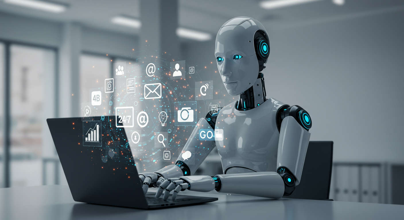 AI virtual employee working autonomously on a laptop with digital marketing icons around, representing 24/7 operation and automation for small businesses