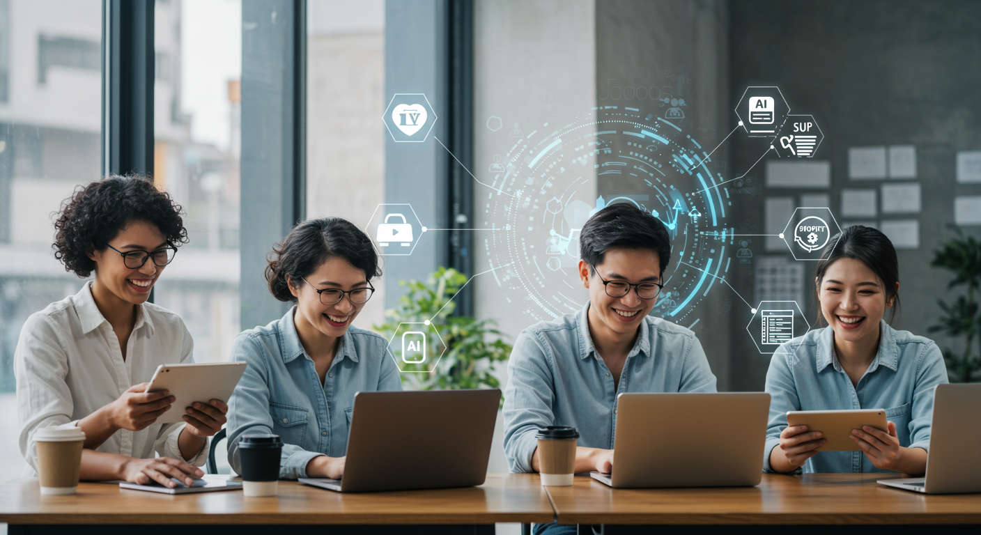 Small business owners and startup founders using AI virtual employees on laptops and tablets with icons representing AI automation, WordPress and Shopify plugins, and digital workflows in a bright, modern style