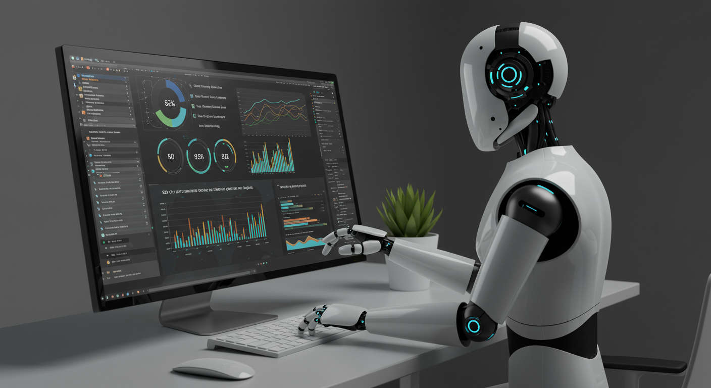 An AI virtual employee working autonomously on a computer, automating SEO content, lead generation, and customer support for startups and SMBs