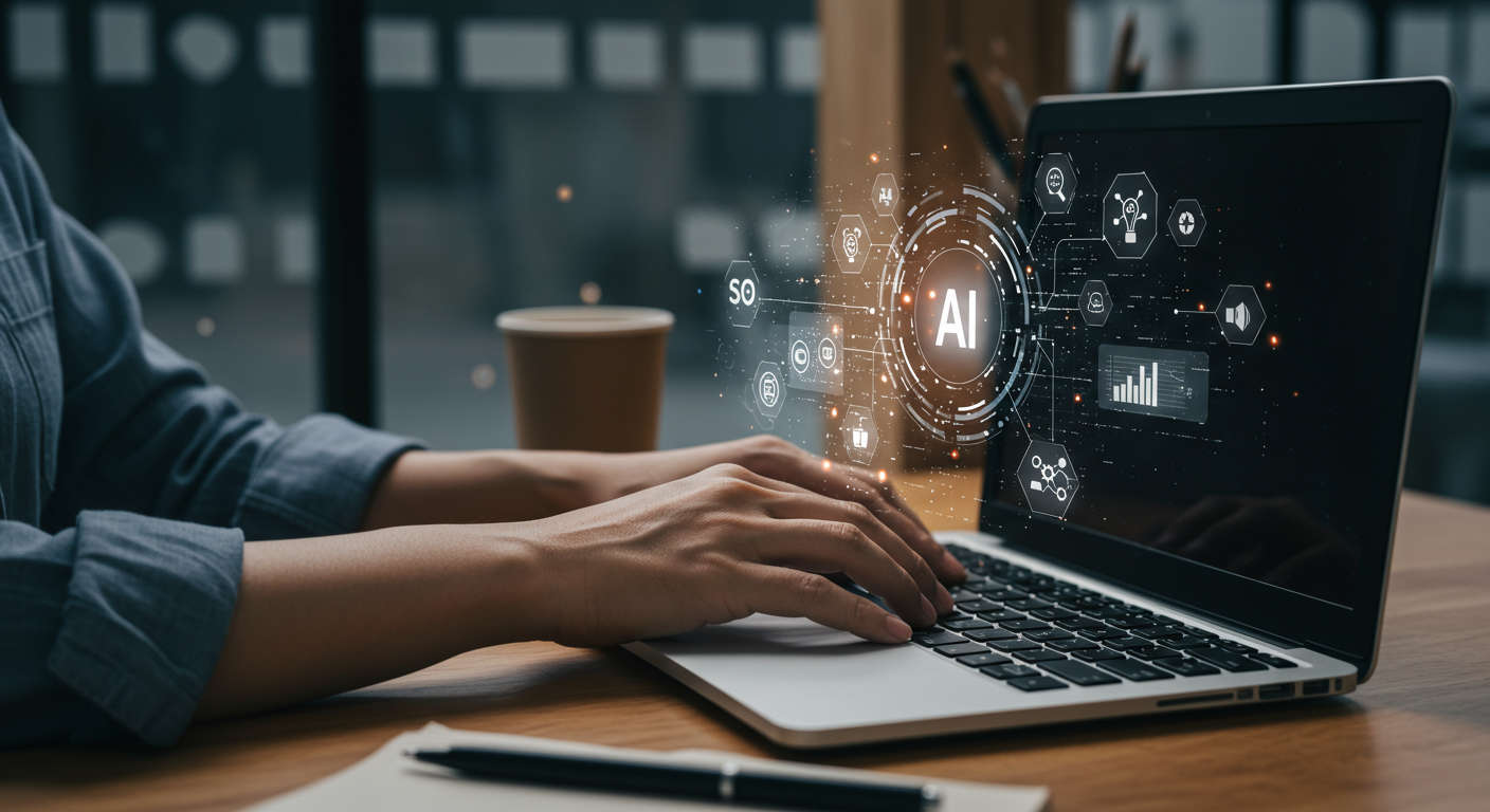 A small business owner working on a laptop with AI marketing automation tools visible on the screen, digital interface showing SEO content writing and lead generation tasks being automated, modern office setting, bright and productive atmosphere