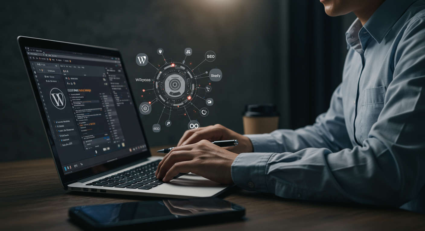 A professional AI virtual employee working on SEO content publishing on a laptop with WordPress and Shopify logos visible, representing automation for small businesses and startups