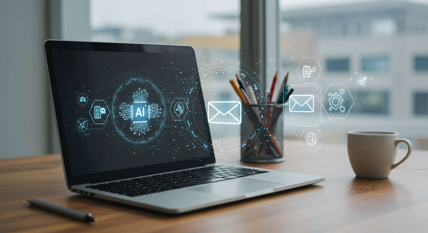Modern workspace with laptop showing AI email marketing automation software, surrounded by digital icons symbolising AI, email, and automation for SMBs and startups.