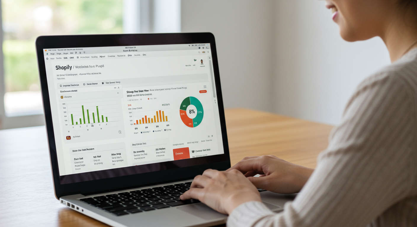 Ecommerce small business owner using AI virtual employee on Shopify plugin to automate product descriptions and SEO blog writing, showing increased organic traffic and lead generation on laptop screen