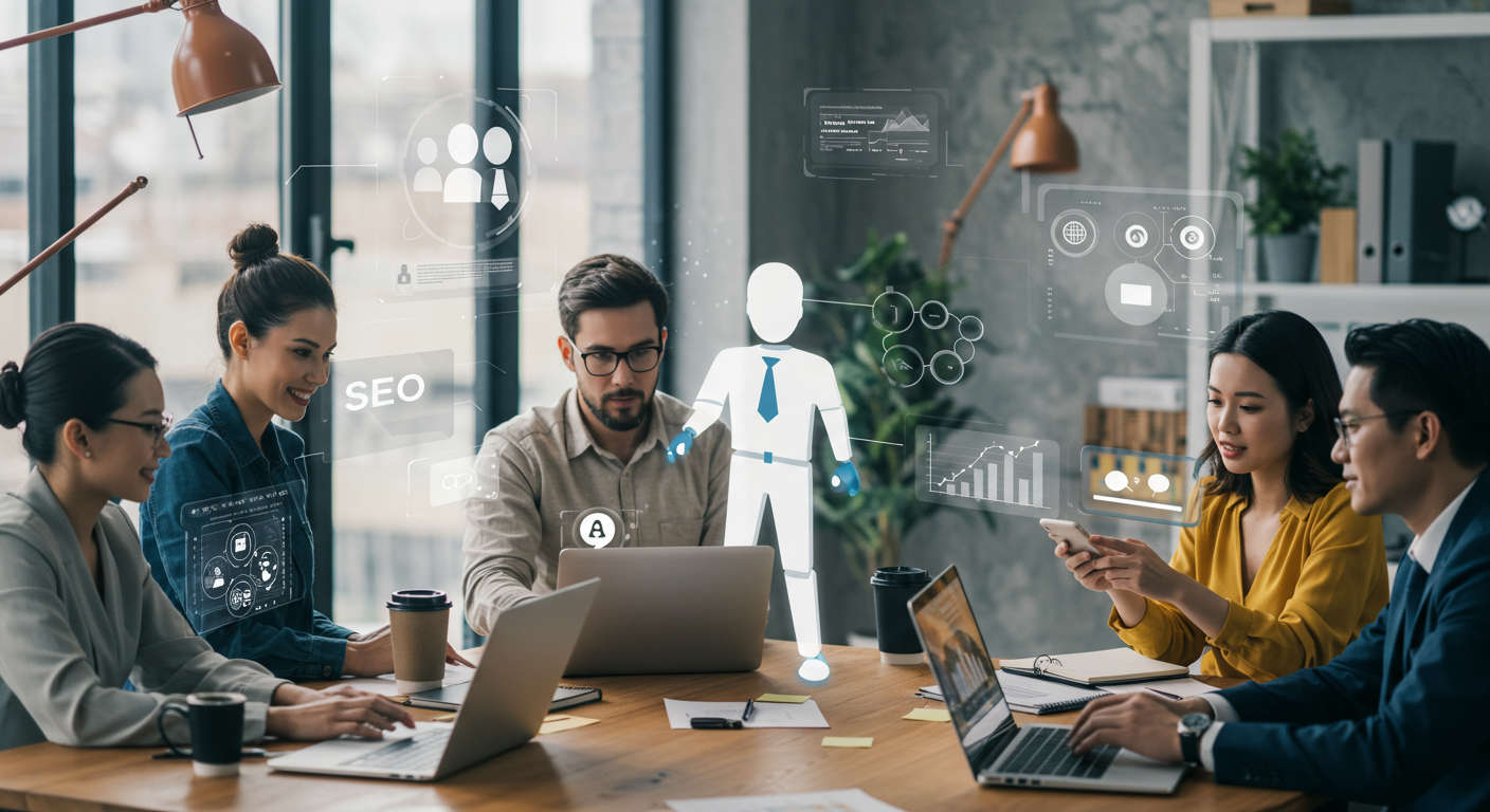 Diverse small business owners and startup founders using AI virtual employees on laptops and mobile devices in a modern office, illustrating affordable AI automation and no-code onboarding for SMBs.