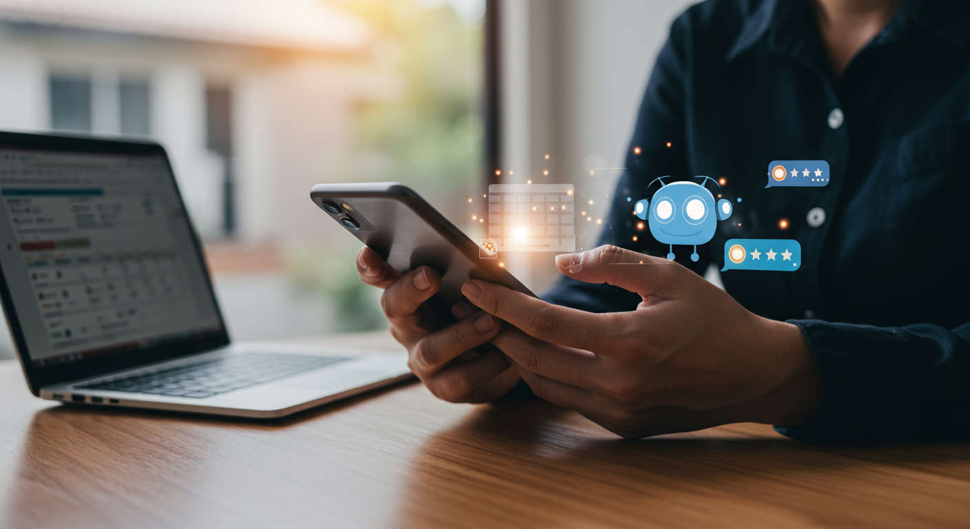 A small business owner managing appointment scheduling and customer reviews using AI chatbots on a smartphone, with notifications and calendar visible, friendly and professional atmosphere