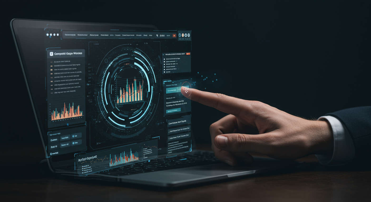 An AI virtual employee autonomously analysing competitor websites and content gaps, futuristic AI interface with keywords and content highlights, technology and SEO theme