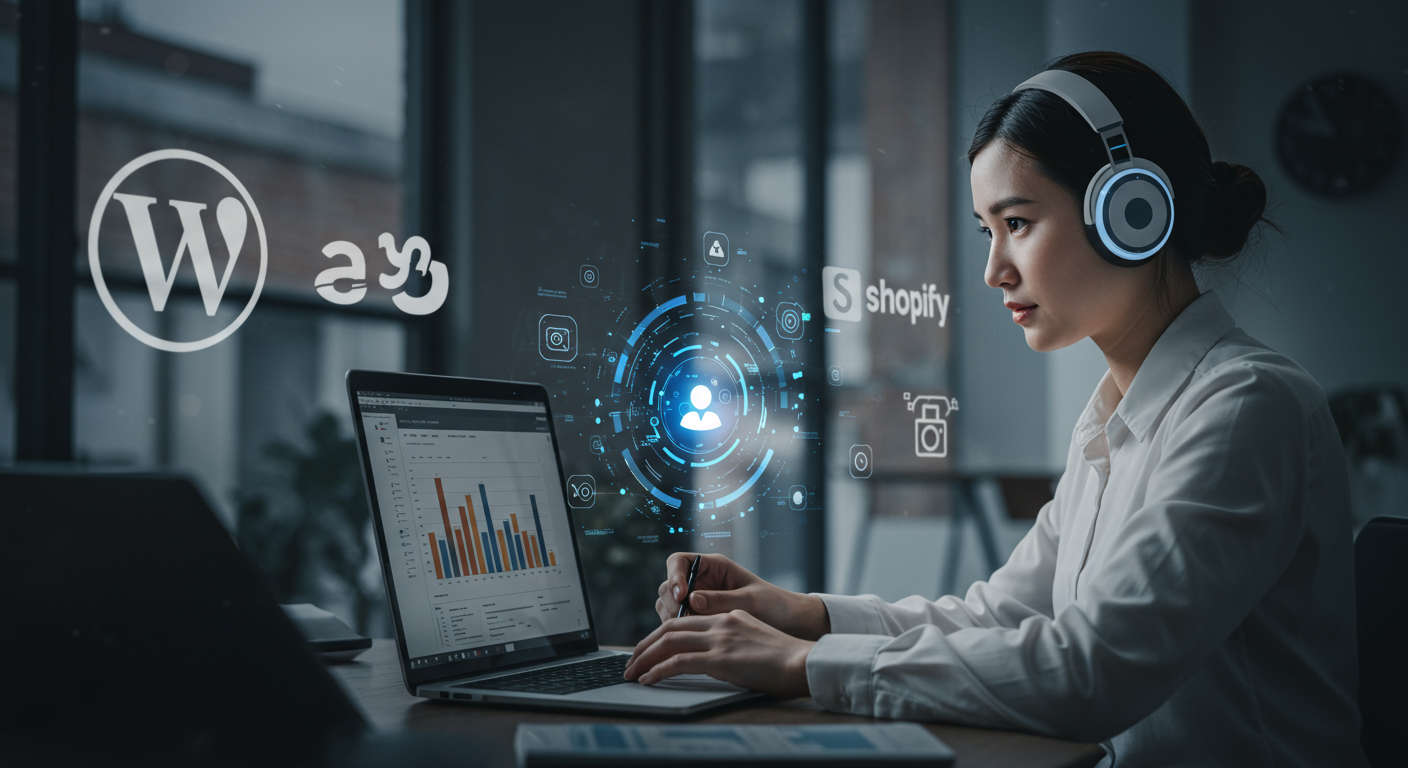 An AI virtual employee working autonomously on marketing tasks with WordPress and Shopify logos in the background, symbolising scalable marketing automation for small businesses