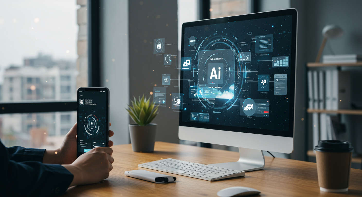Modern digital workspace with AI virtual employee managing tasks across multiple small business industries including e-commerce, real estate, hospitality, healthcare, marketing agencies, SaaS startups, and local services, highlighting AI automation and plugin integration.