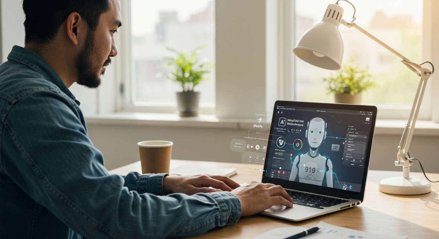 Small business owner using AI virtual employee on laptop, with WordPress and Shopify logos, showing automation of content publishing and SEO tasks