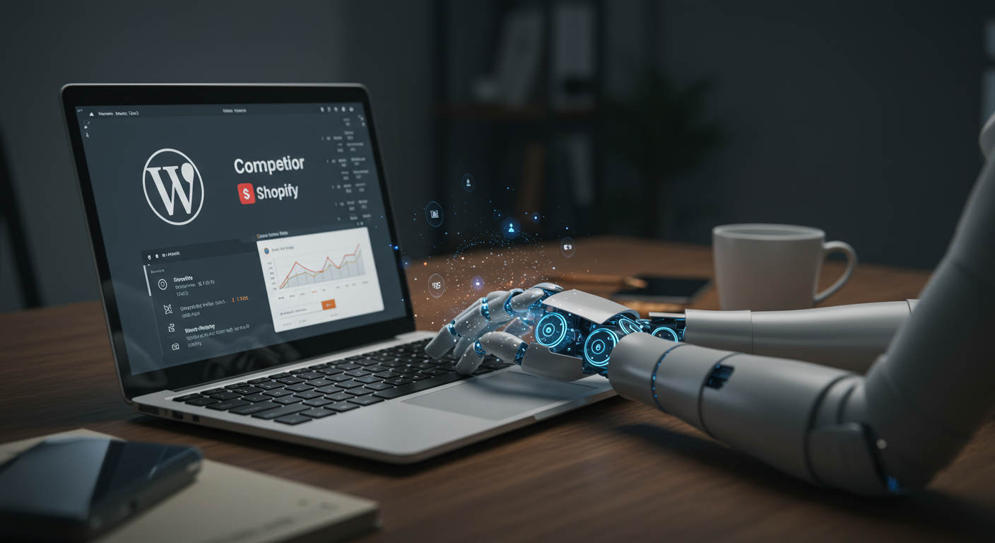 AI virtual employee working autonomously on a laptop with WordPress and Shopify logos, digital interface showing competitor research and keyword discovery, futuristic and efficient workspace, small business context