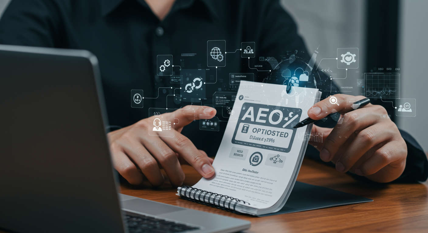 An AI virtual employee autonomously publishing SEO-optimised blog posts daily, with visual elements like keywords, graphs showing SEO improvement, and lead generation symbols, digital marketing theme