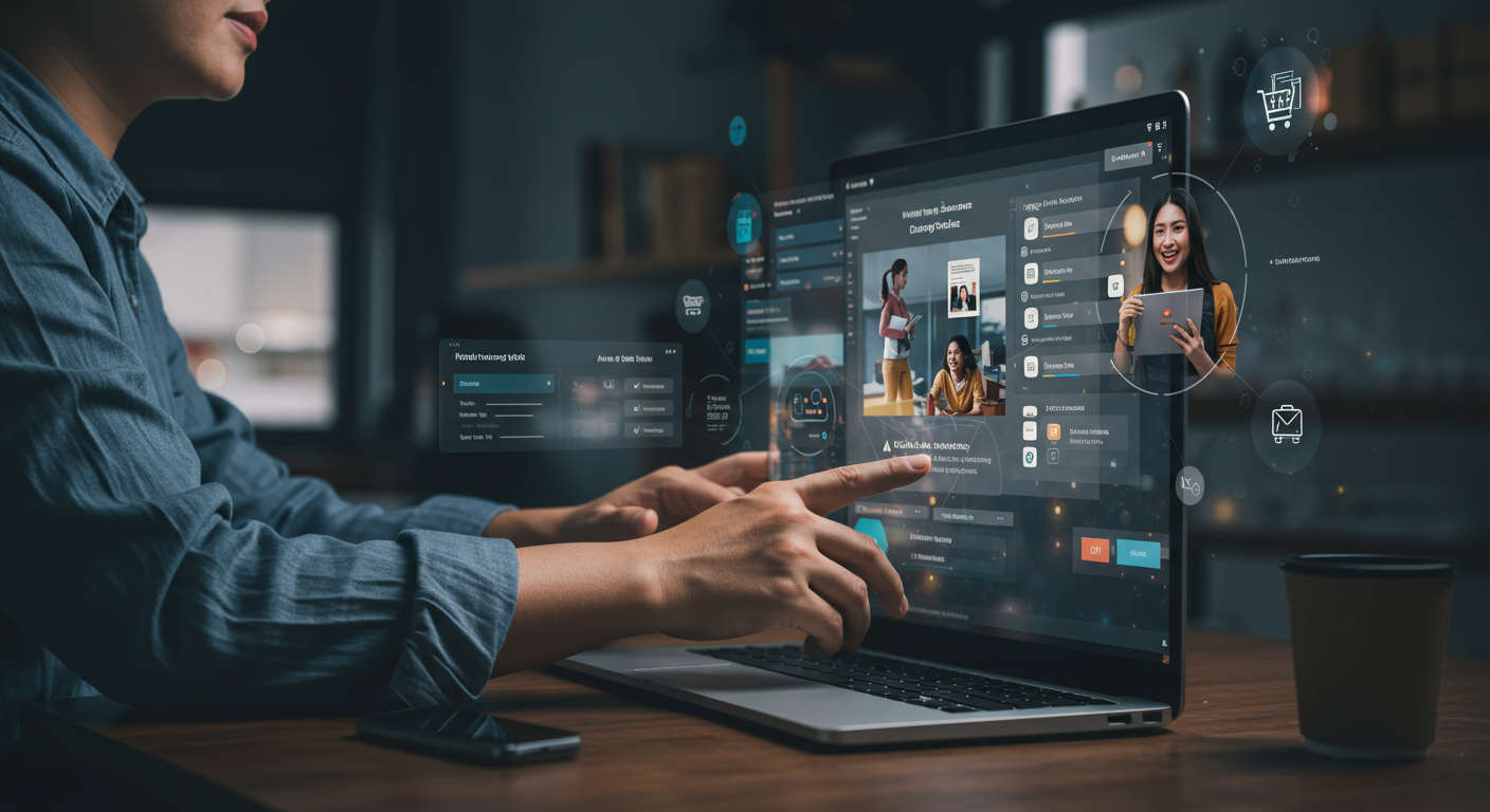 An e-commerce business owner managing AI-powered Shopify automation with product imports, inventory updates, order notifications, and customer support workflows, showing a seamless digital dashboard and happy customers