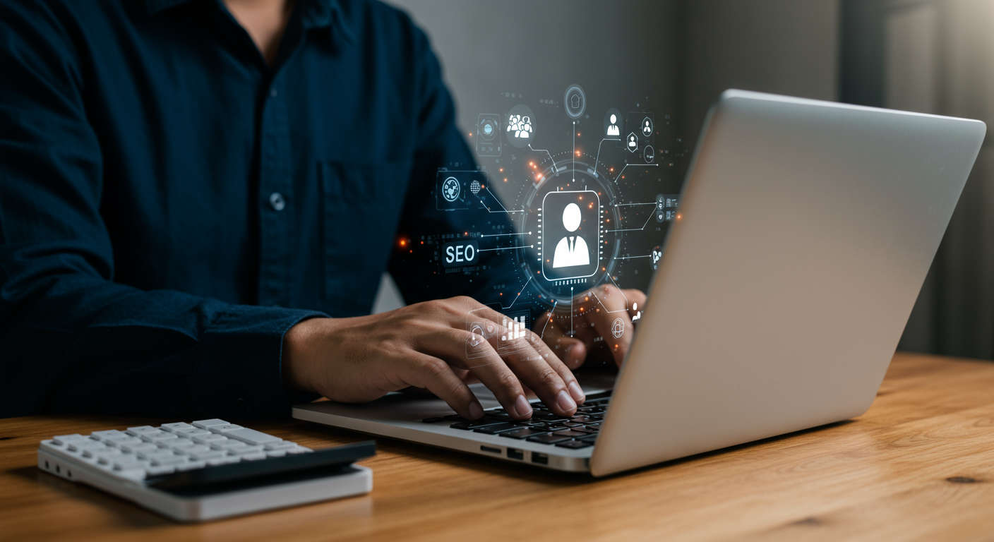 Small and medium-sized business owner using AI virtual employee on a laptop, automating SEO content creation and publishing, with digital marketing icons around, modern office background