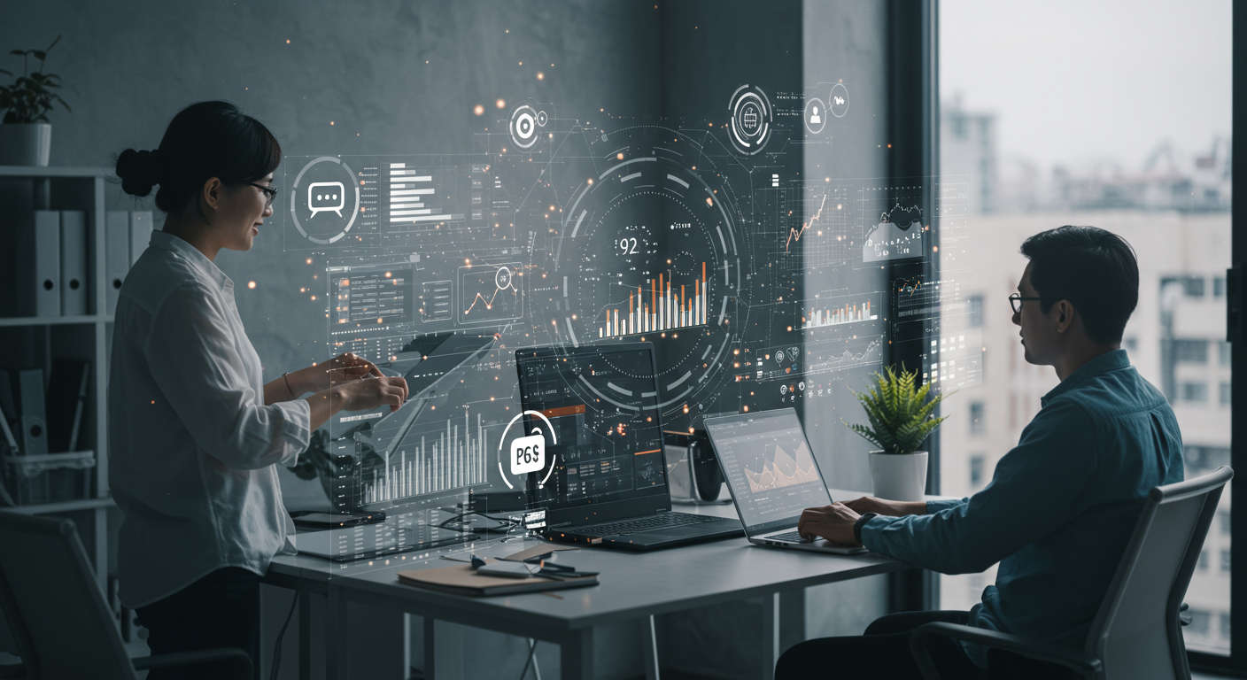 AI virtual employees working on SEO tasks for small businesses in a modern office environment