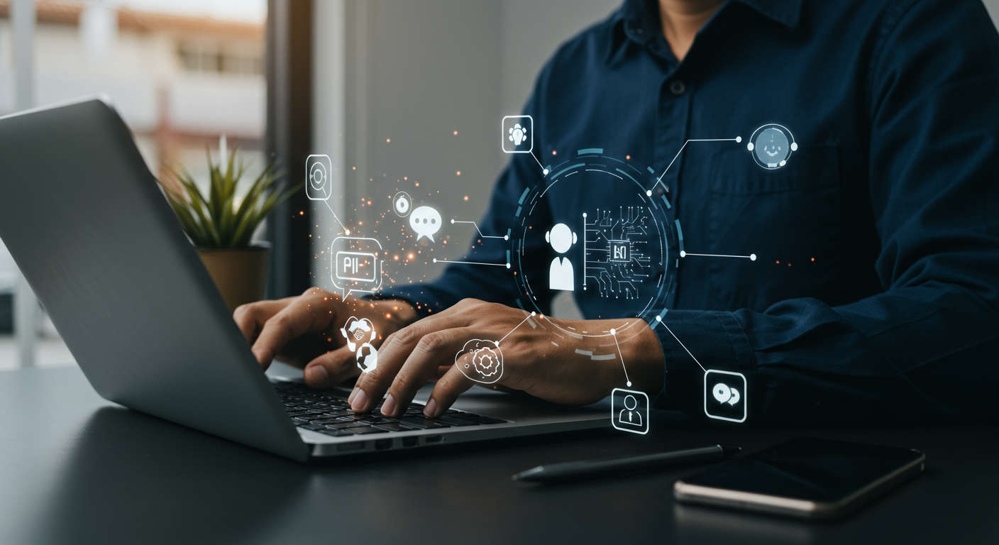 Small business owner using AI virtual employee for content automation and customer support in a modern office setting