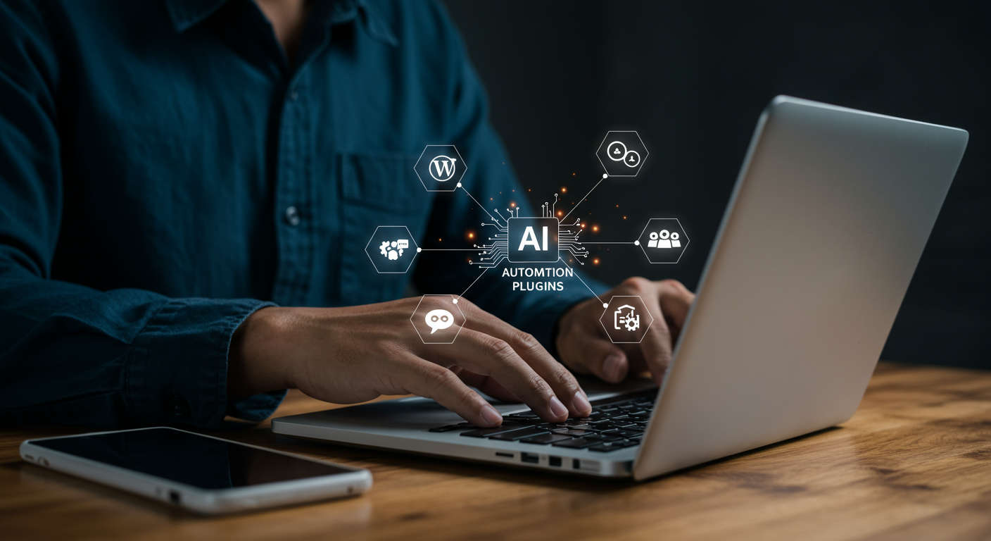 Small business owner using AI automation plugins on a laptop with WordPress and Shopify logos, surrounded by icons for SEO, content creation, lead generation, and customer support automation