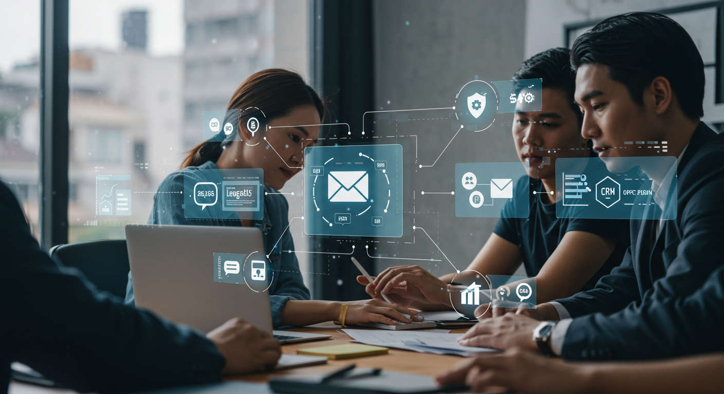 AI-powered lead nurturing automation workflow showing personalised email sequences, lead scoring, and CRM integration, with a startup team collaborating in the background