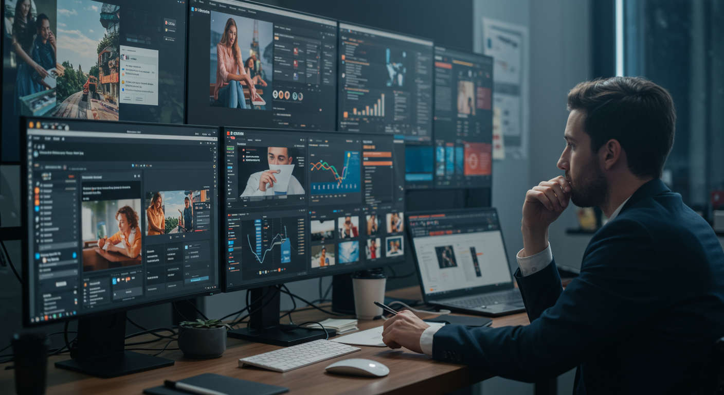 AI content automation for daily SEO publishing, digital marketing workspace with multiple screens showing blog posts, keyword research, and analytics, vibrant and professional