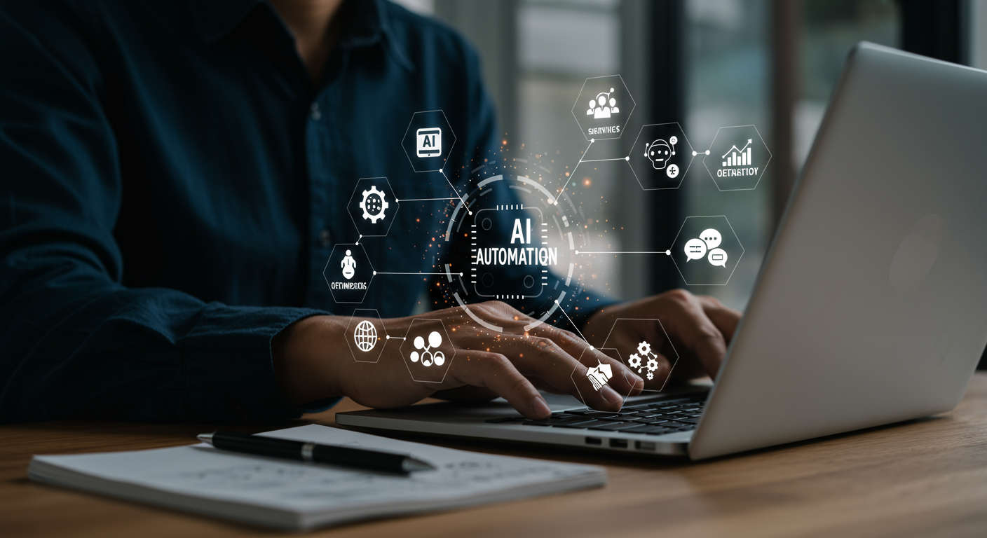 Small business owner using AI automation tools on a laptop, surrounded by icons representing marketing optimisation, customer service chatbots, and financial automation in a modern office setting