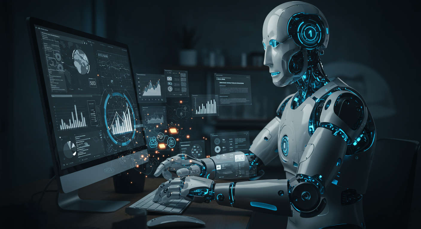 A busy AI virtual employee working autonomously on a computer, performing multiple SEO tasks like keyword research, blog writing, and lead capture, with a digital dashboard and graphs showing growth