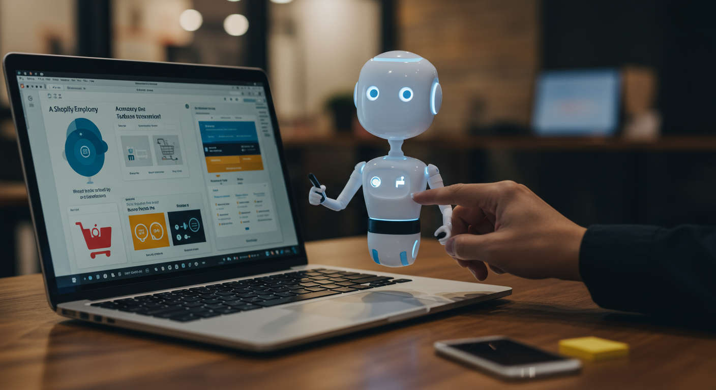AI virtual employee assisting with Shopify ecommerce automation, managing inventory and personalised product recommendations on a laptop screen in a small business environment