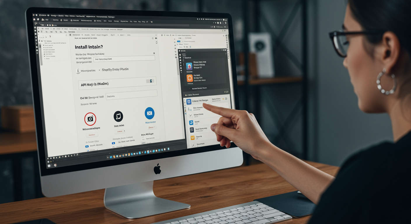 A user installing and configuring a no-code WordPress and Shopify plugin on a computer screen, with visual elements showing API key entry and social media post scheduling