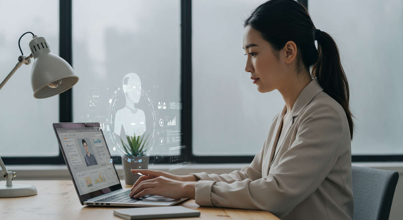 Small business owner using AI virtual employee on laptop, automating lead generation tasks, digital marketing theme, modern office background