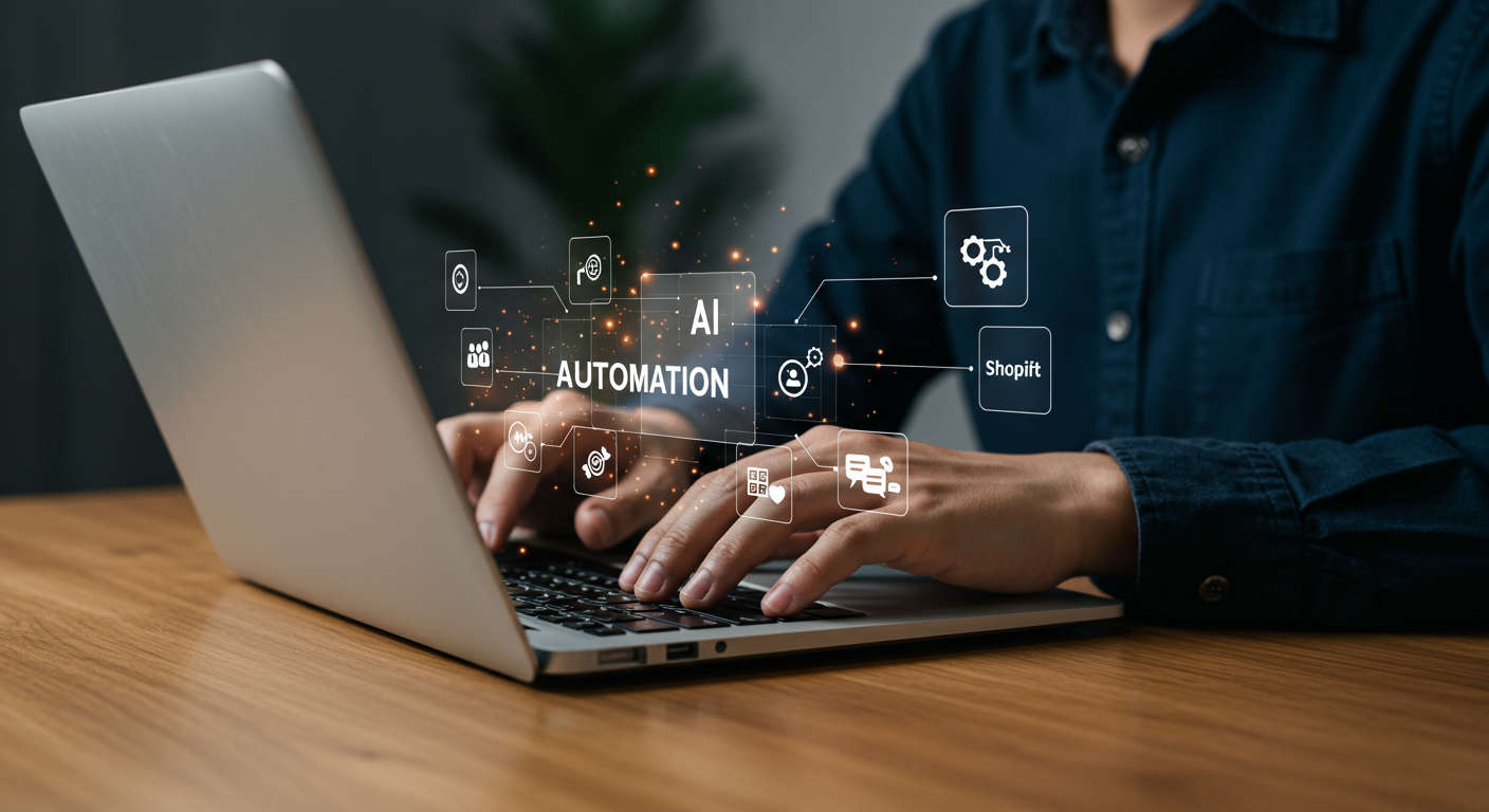 Small business owner using AI automation platform on laptop, showing marketing tasks like SEO content creation, keyword research, and lead nurturing, with WordPress and Shopify logos visible