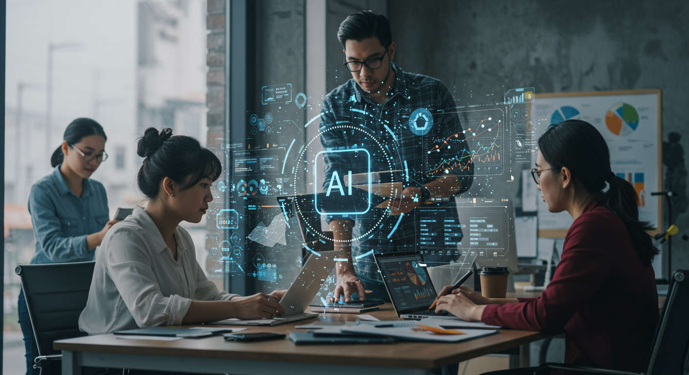 Small business owners and startup entrepreneurs collaborating with AI technology for competitor research and market analysis in a modern office environment