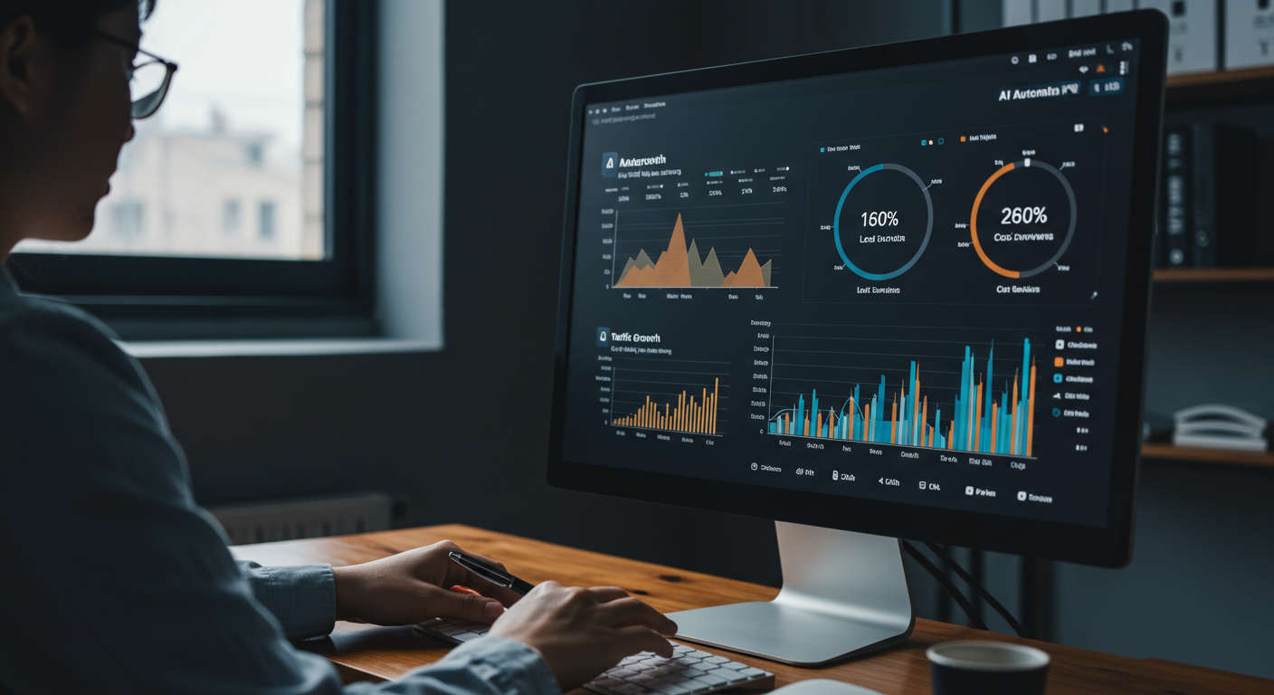 Dashboard showing AI automation KPIs like traffic growth, lead conversion, cost savings, and productivity metrics on a computer screen, vibrant and professional style