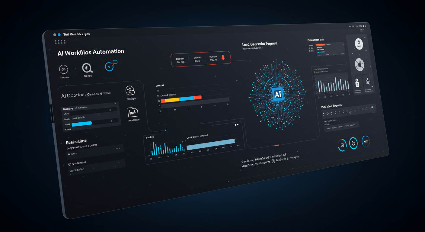 Dashboard view of an AI workflow automation platform showing SEO content creation, lead generation, and customer support tasks being managed automatically