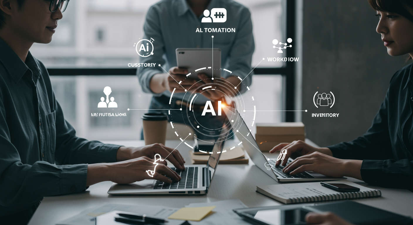 Modern small business office with diverse professionals using laptops and digital devices, surrounded by AI automation and workflow icons representing efficiency and productivity for SMBs and startups