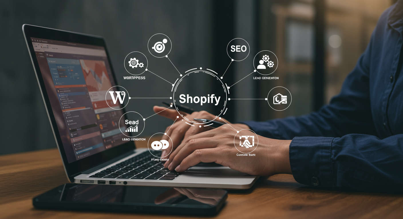 Small business owner using laptop with WordPress and Shopify logos, surrounded by AI automation icons for SEO, lead generation, and customer support