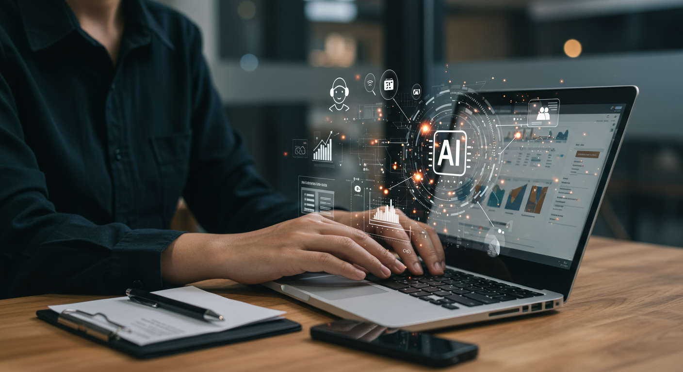 A busy small business owner using a laptop with Shopify dashboard open, AI virtual assistant icons and blog post content generation visuals around, modern office setting