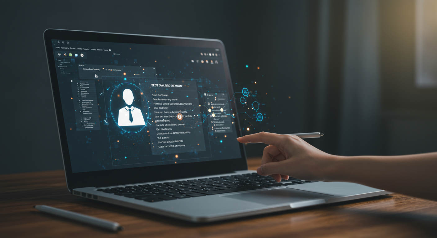 AI virtual employee autonomously generating SEO content for an e-commerce store, displaying product descriptions, meta tags, and internal linking on a laptop screen with a vibrant online store background.