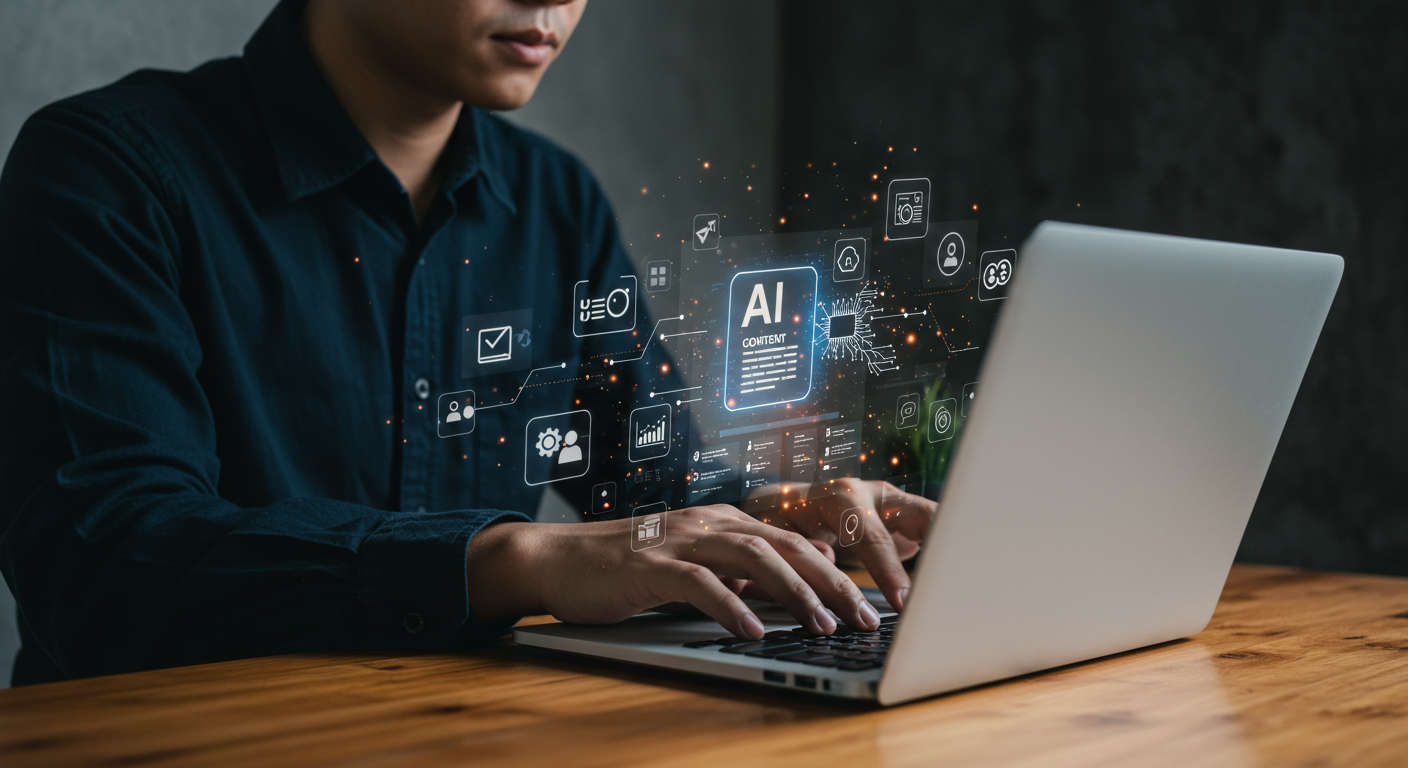 Small business owner using AI content automation on a laptop, with digital marketing icons and SEO elements around, representing AI-driven content creation and publishing