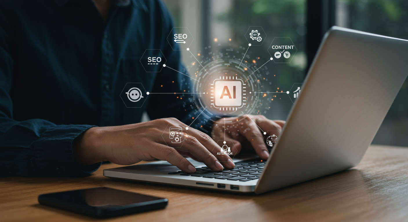 A small business owner using AI content automation tools on a laptop with digital icons representing SEO, content creation, and automation in a modern office setting