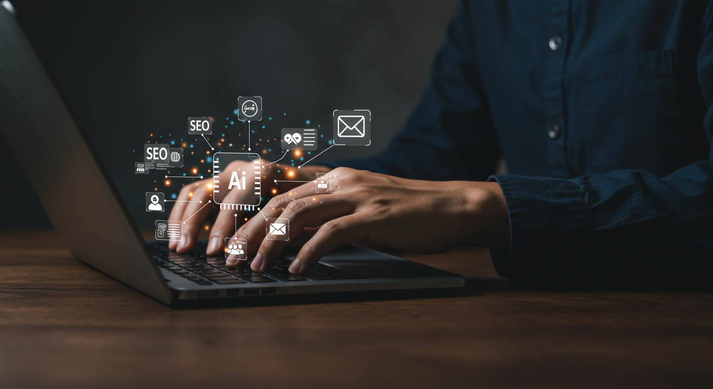 Small business owner using AI content automation tools on a laptop, surrounded by icons representing SEO blog posts, social media content, and email templates, symbolising time-saving and brand consistency