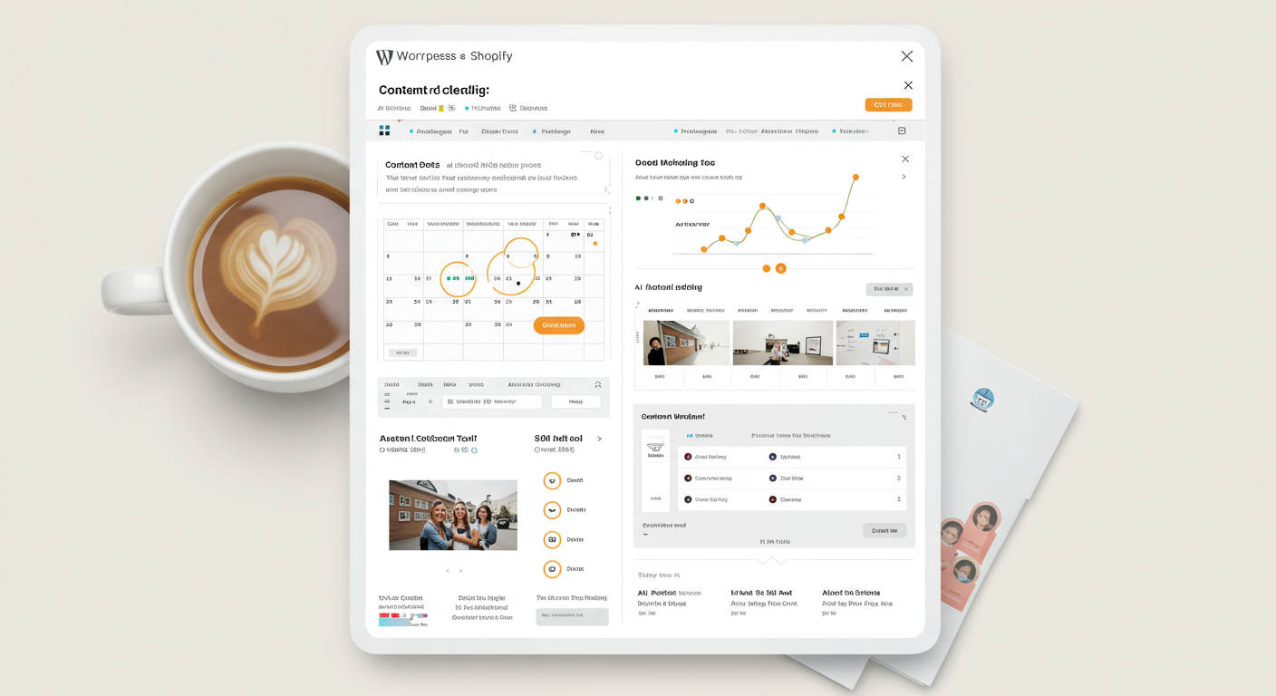 WordPress and Shopify plugin interface showing AI content calendar and automated blog post scheduling, user-friendly no-code setup, digital marketing tools