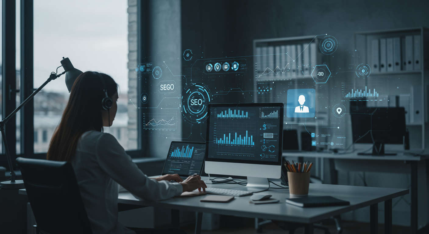 A modern small business office with AI virtual employees working autonomously on SEO, marketing, inventory, and customer service tasks, showcasing advanced technology and productivity