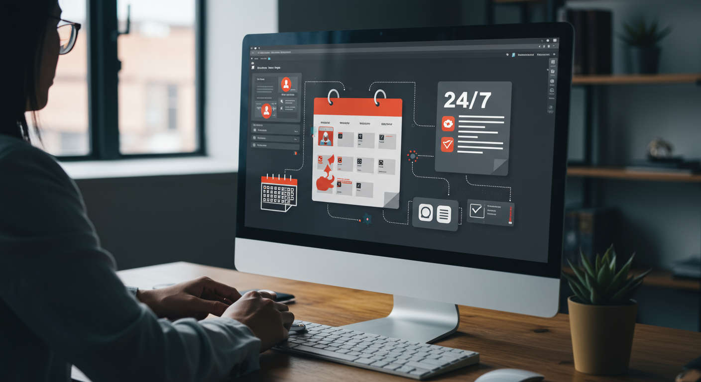 Digital marketing workflow showing scheduling and automation of blog posts on a computer screen with calendar and clock icons representing 24/7 autonomous publishing